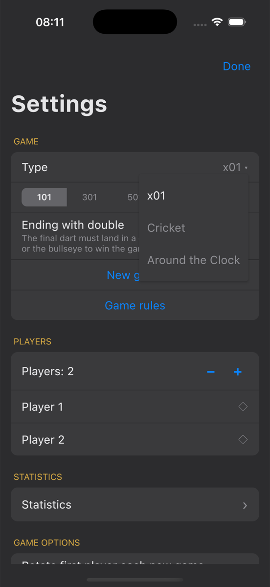Settings screen with game type picker