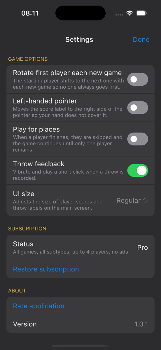 Settings screen with subscription section